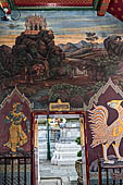 Bangkok Grand Palace,  Ramakien murals of the gallery of the Wat Phra Kaew, in the left panel is Chaiyaamphawaan a monkey-warrior the standard-bearer in the army of Phra Ram (Rama) 